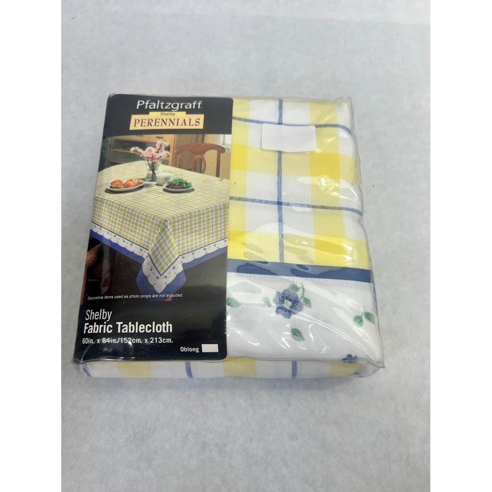 Pfaltzgraff Shelby Perennials Yellow Plaid Cotton Tablecloth 60x84 Oblong NEW